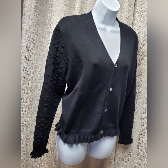 Black Sweater Short Cardigan Puff Pom Sleeves - Picture 12 of 13